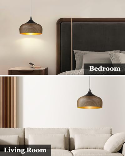 Modern Bauhaus Pendant Light Walnut Wooden Pattern Dome Pendant Light Fixture Matte Black Metal Gold Inner Adjustable Hanging Lighting for Kitchen Island Dining Room Office Hallway Bedroom