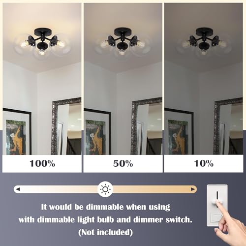 3 Light Modern Black Semi Flush Mount Ceiling Light Clear Glass Globe Ceiling Lights Mid Century Black Chandelier 3 Light Sputnik Ceilings Lights Fixture for Bedroom Hallway Entryway