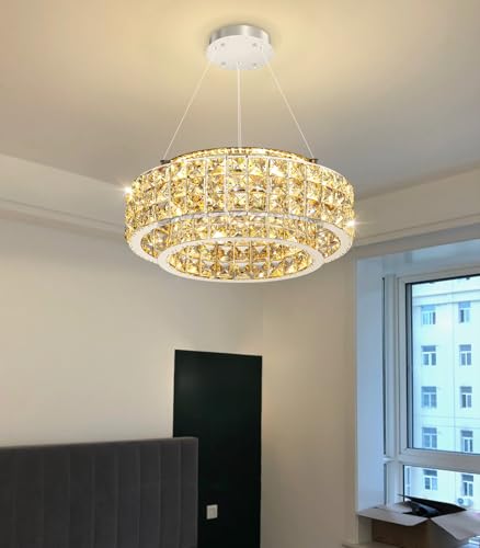 LED Chandeliers for Dining Room LED Dimmable Pendant Lights for Kitchen Island Crystal Adjustable Chandelier for Bedroom Hallway Entrance 16" Silver Light