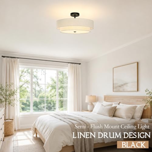 20" Modern 2 Layer Fabric Ceiling Light Black Classic Drum Light Fixture 5