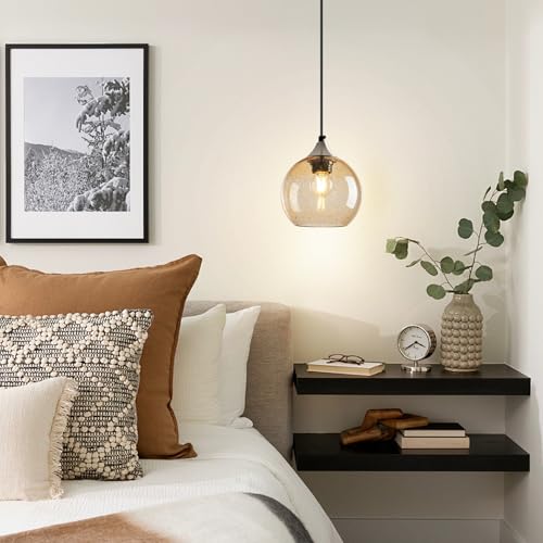 Light Brown Glass Pendant Lights Kitchen Island Globe Pendant Light Fixtures Modern Pendant Lighting for Bedroom Living Dining Room Light Fixture (2 Count)