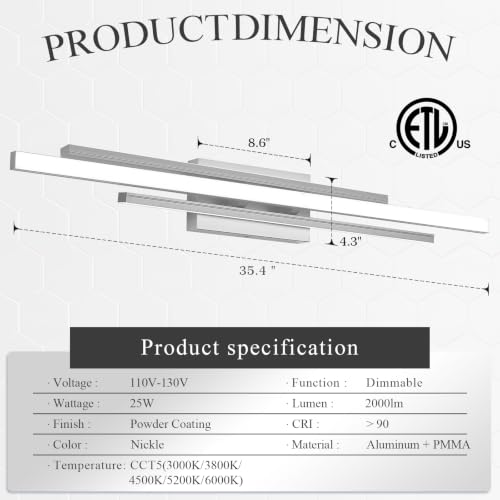 35 Inches Nickel LED Modern Bathroom Vanity Light Fixtures 25W Dimmable 5CCT Vanity Light Bar Over Mirror 3