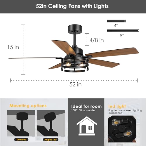 52 Inch Ceiling Fan with Light and Remote Control (Black)