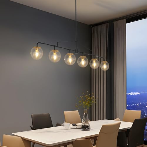 Modern Linear Chandelier 6 Lights Seeded Glass Globe Sputnik Pendant Light