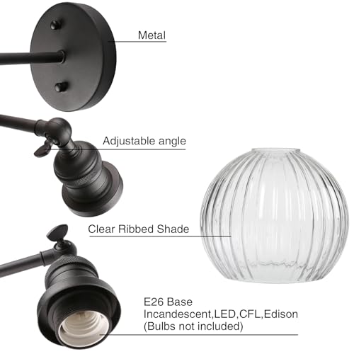 Vintage Wall Sconce Indoor Adjustable Wall Sconce with Ribbed Globe Glass Shade Black Wall Light Fixtures for Hallway Bathroom Kitchen Living Room