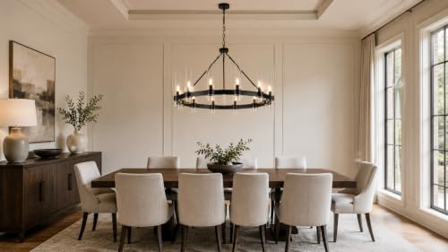38 Inch Black Wagon Wheel Chandelier with Glass Shade