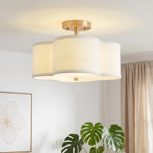 13.6" Gold Semi Flush Mount Ceiling Light with Fabric Shade