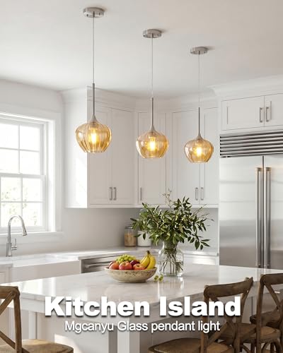 2Pack Amber Glass Pendant Lights Kitchen Island with Brushed Nickel FInish (2 Count)