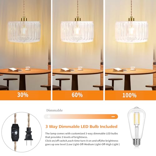 Glass Plug in Pendant Light Hanging Lights with Plug in Cord Milk White Hanging Lamp Gold Dimmable Mid Century Modern Plug in Chandelier Ceiling Fixture for Living Room