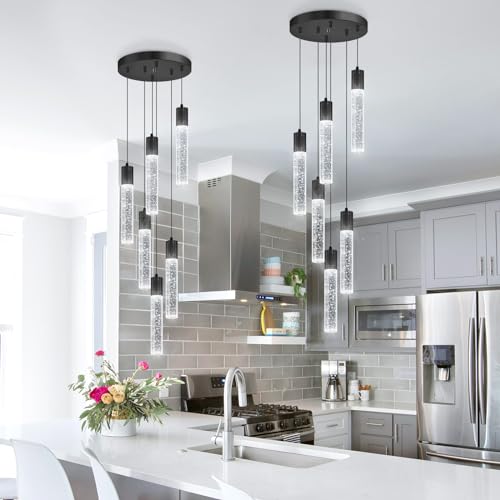 Modern Pendants Light for Kitchen Island Crystal Mini Chandeliers Dining Room LED Pendant Lighting Fixture High Ceiling Hanging Lights Bedroom Island Kitchen Foyer 6000K White Light Fixtures Black