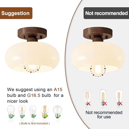 Mid Century Modern Faux Walnut Wood Semi Flush Ceiling Light 8.66 Inch