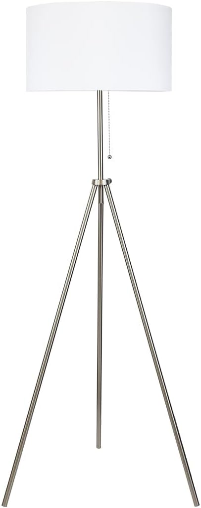 O’Bright Tripod Floor Lamp, Adjustable in Height, 100% Metal Body with Linen Drum Shade, E26 Socket, Bedside Lamp, Standing Light for Living Room, Bedroom, Office, Brushed Nickel