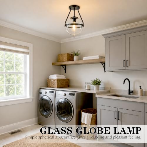 10" Mid Century Ceiling Light Modern Black Semi Flush Mount Ceiling Light with Clear Glass Shade Globe Semi Flush Mount Ceiling Light Fixture for Bedroom Hallway Bathroom Foyer