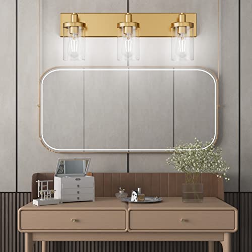 Gold Vanity Light 3 Lights Bathroom Vanity Lighting Fixtures Over Mirror Bathroom Wall Light with Clear Glass Shade