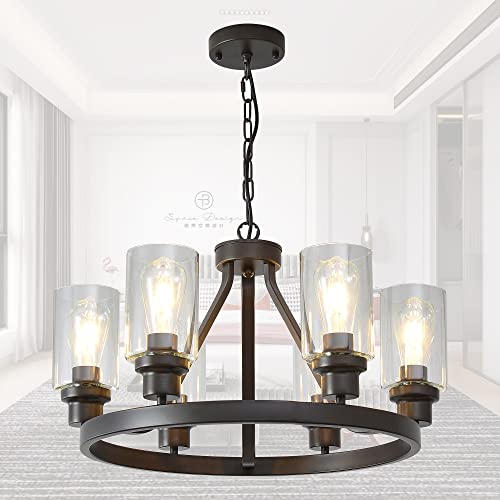 Farmhouse Chandelier Lighting Round 6 Lights Oil Rubbed Bronze with Glass Shade Ceiling Hanging Vintage Rustic Light Fixture for Dining Room Living Room Foyer Porch Kitchen Island