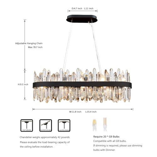 Black Oval Crystal Chandelier L35.4 inch