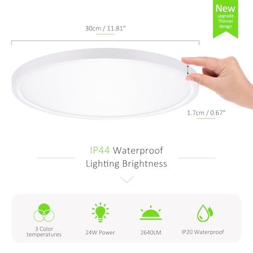 LED Flush Mount Ceiling Light 12in Thin 3CCT White Wired