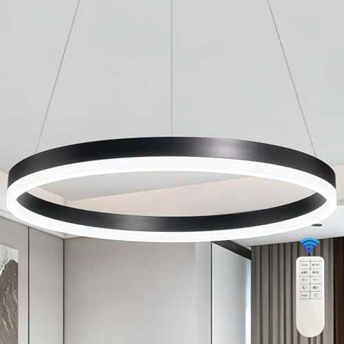 20" Modern Black Led Chandelier Ring Dimmable LED Chandeliers with Remote Control for Kitchen Island Height Adjustable Chandelier Led Pendant Light for Living Room Dining Room Bedroom Foyer