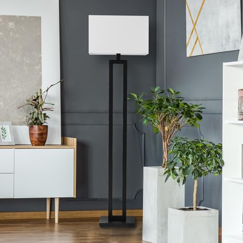 58" Matte Black Floor Lamp with White Linen Shade