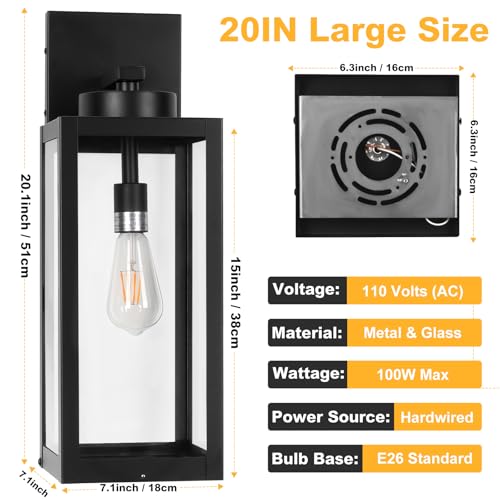 20" Black Large Outdoor Wall Lights with Closed Bottom