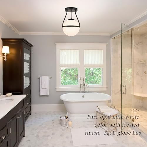 8 Inch Mid Century Ceiling Light Modern Semi Flush Mount Ceiling Light Fixture Globe Ceiling Light Fixture with Milk Glass Shade Matte Black Finish for Kitchen Island Hallway Laundry