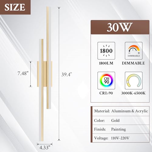 LED Wall Sconce Gold Modern Remote Wall Light Fixtures for Living Room