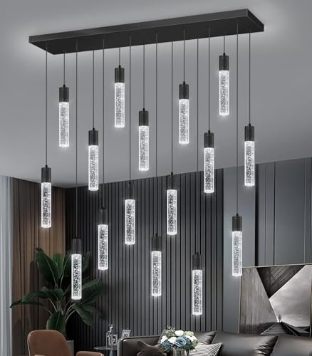 16 Lights Modern Crystal Rectangular Chandeliers LED Pendant Light for Kitchen Island High Ceiling Chandelier for Dining Room Entrance Foyer Living Room Black