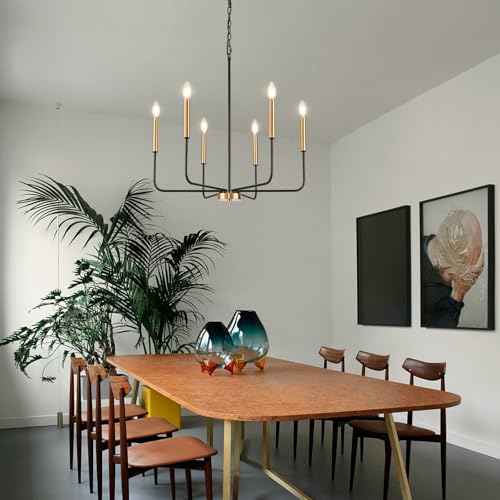 6-Light Black and Gold Dining Room Chandelier Light Fixture | Modern Farmhouse, Height Adjustable, Hanging Lights with Chain, For Living Room, High Ceiling Entryway, Bulbs Not Included