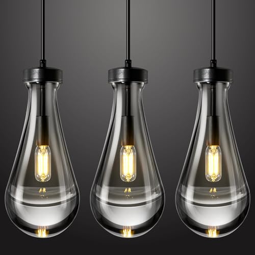 Raindrop Pendant Lights Kitchen Island Set of 3 Teardrop Black Hanging Light Fixtures Clear Solid Glass Pendant Light Modern Chandeliers for Dining Room Porch Corridor Living Room (3 Count)