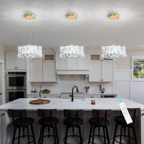 Modern Crystal Chandelier for Dining Room Dimmable LED Pendant Ceiling Light Fixtures with Remote for Entrance Bedroom Kitchen Island Gold