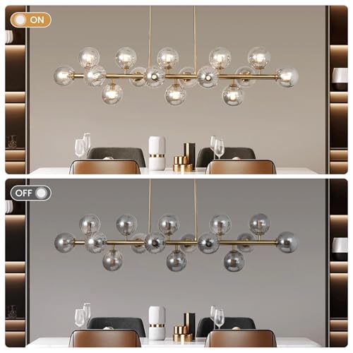 Brass Gold Rectangle Chandelier Modern Chandelier Smoke Grey Globe Glass Pendant Light Fixture Adjustable for Dining Living Room Kitchen Island Over Table 16