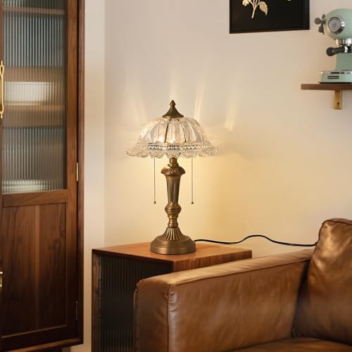 Glass Shade Table Lamp Vintage Brass Metal Desk Lamp 2 Lights Table Light with Plug Switch for Bedroom Living Room Home Office