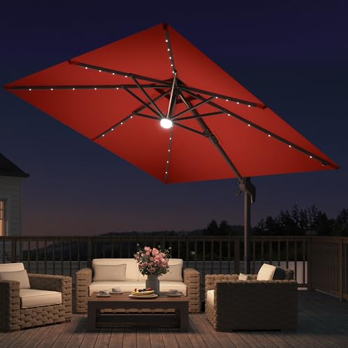 9x9 FT Cantilever Offset Patio Umbrella with Lights & Base