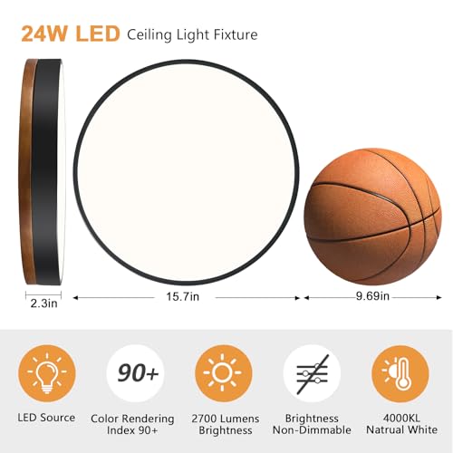 Modern Walnut Wood Black Flush Mount Ceiling Light 15.74 Inch