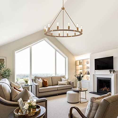 12-Lights Wagon Wheel Chandelier Bohemia Hand Woven Rattan Chandelier Farmhouse Large Pendant Light for High Ceilings Living Room Dining Room, Brass, Dia 42 Inch, UL Listed