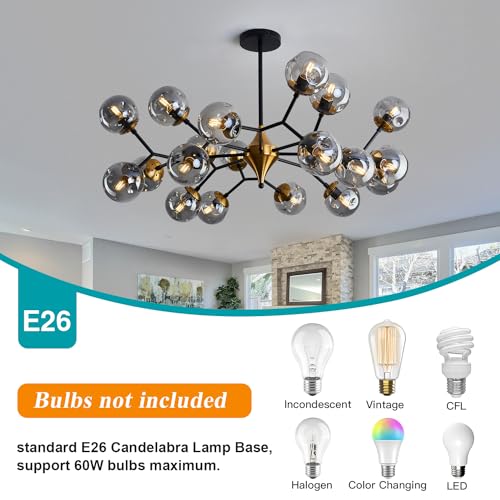20 Light Extra Large Sputnik Chandelier Mid Century Modern Black and Gold Ceiling Light Fixture with Glass Globe Pendant Light Hanging for Dining Room Kitchen Living Room Foyer