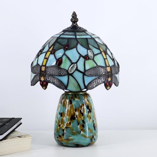 Tiffany Mushroom Table Lamp Dragonfly Style Blue Stained Glass Accent Lamp Brown Blue Glass Base 8X8X12 Inch