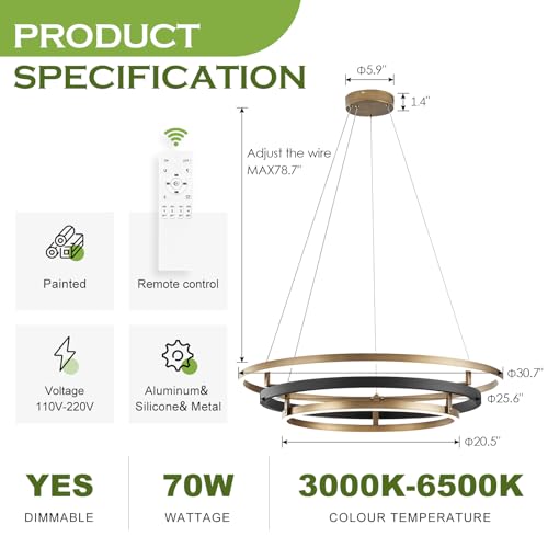 3 Rings Modern LED Chandelier Black Gold Dimmable Circular Pendant Light for Dining Room