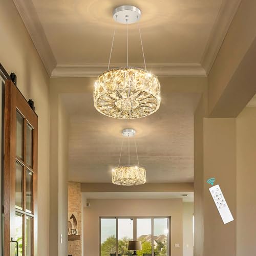 Modern Ring Crystal Chandelier Remote Dimmable Pendant Ceiling Light Fixtures for Living Room Kitchen Island Dining Room Silver
