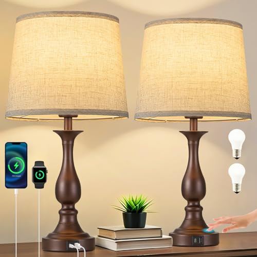 Bedside Table Lamp Touch Control Bedroom Lamps with USB A + C Charging Port 3 Way Dimmable Touch Lamps for Nightstand Living Room Bedroom Dorm Home Office Reading (2 Count)