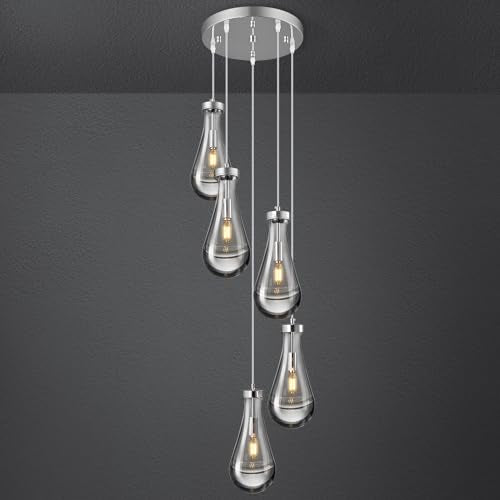 Raindrop Pendant Lights Kitchen Island Teardrop Chrome Hanging Light Fixtures Clear Solid Glass Pendant Light Modern Chandeliers for Dining Room Porch Corridor Living Room (5 Count)