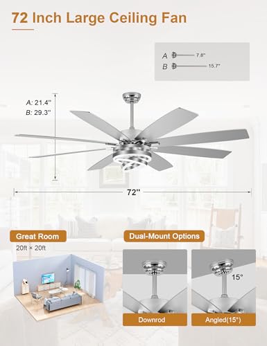 72" Large Modern Ceiling Fans with Lights and Remote Control