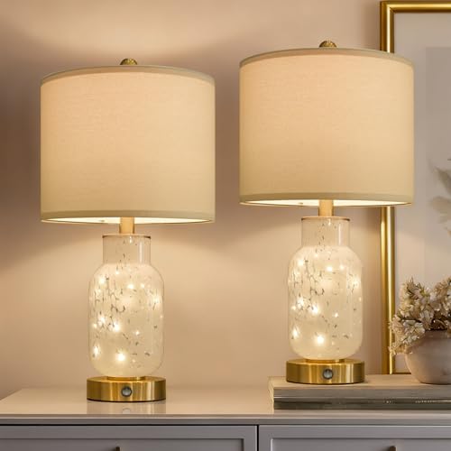22" Glass Table Lamps Set of 2 with Night Light for Bedroom (2 Count)