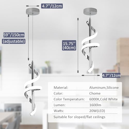 Modern Pendant Light Kitchen Island Lighting 6000K Chrome LED Pendant Light Fixtures Over Island Adjustable Height Pendant Lighting for Kitchen Island Dining Room Bedroom Pendant Lamp