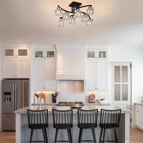 8 Light Modern Sputnik Ceiling Light Fixture Farmhouse Crystal Semi Flush Mount Ceiling Light Black and Gold Chandeliers for Dining Room Living Room Kitchen Island Bedroom Entryway