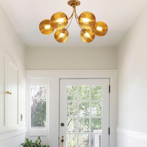 6 Light Amber Glass Close to Ceiling Chandelier Flush Mount Light
