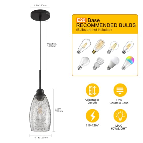 3 Lights Industrial Pendant Light with Glass Shade Matte Black Pendant Lighting Adjustable Industrial Retro Style Hanging Light