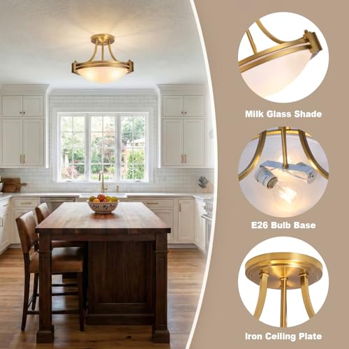 Modern Semi Flush Mount Ceiling Light Fixture 16 inch Gold Traditional Fixture with Milk Glass for Bedroom Kitchen Bathroom Hallway Foyer Living Room Entryway Brass ETL Listed