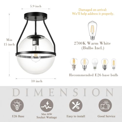 10" Mid Century Ceiling Light Modern Black Semi Flush Mount Ceiling Light with Clear Glass Shade Globe Semi Flush Mount Ceiling Light Fixture for Bedroom Hallway Bathroom Foyer