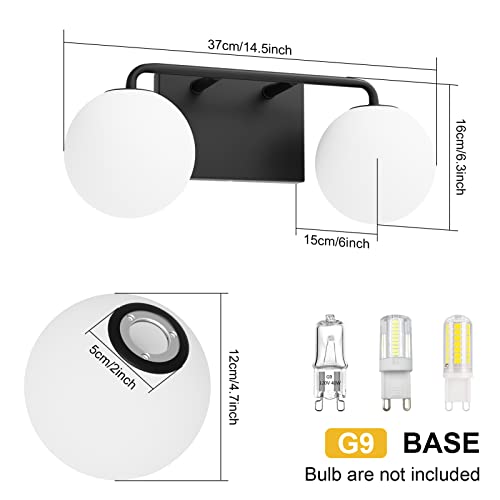 2 Lights Mid Century Vintage Bathroom Vanity Light Fixtures Over Mirror Black Industrial Vanity Lights with Milk White Glass Globe Farmhouse Bath Lighting